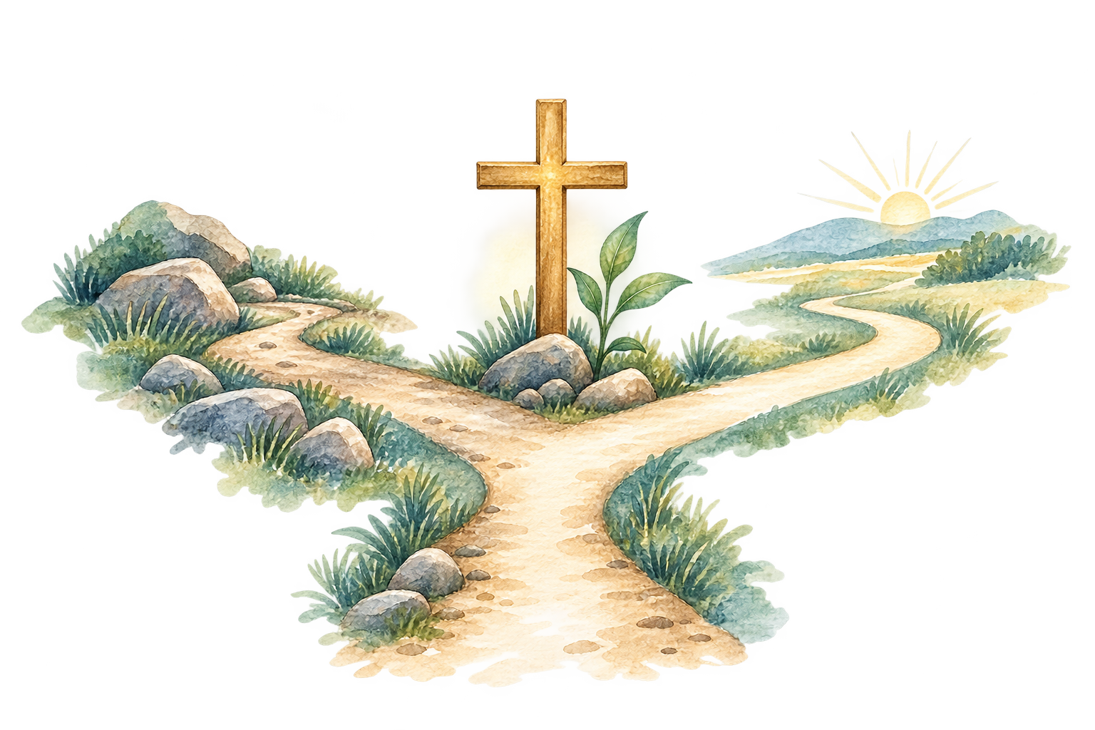 Watercolor illustration of a path dividing into two directions beside a cross and growing plant