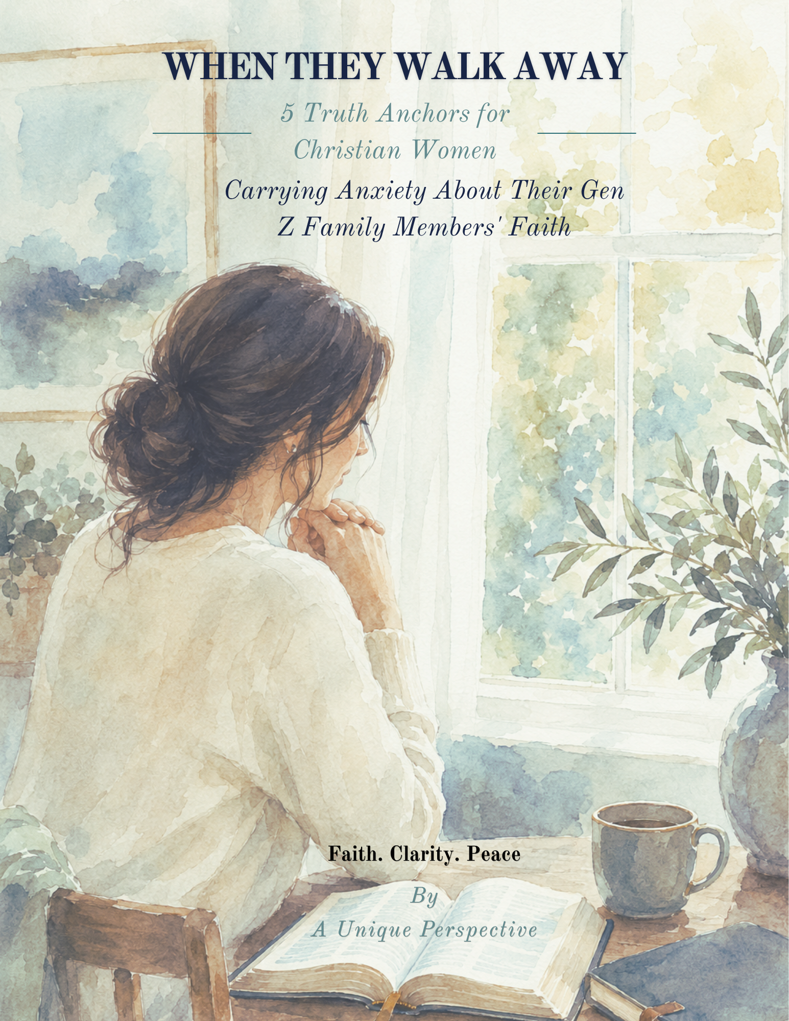 Dark-haired woman in quiet prayer beside an open Bible
