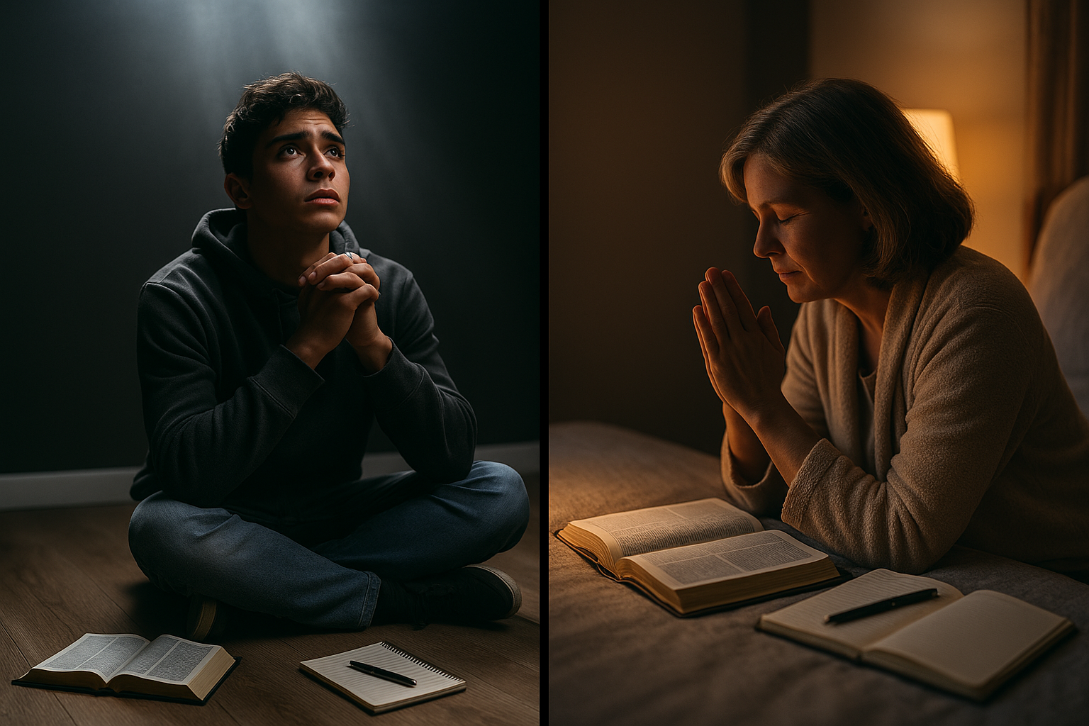 Young man and middle-aged woman praying with Bible and journal, illustrating a spiritual battle plan for prayer
