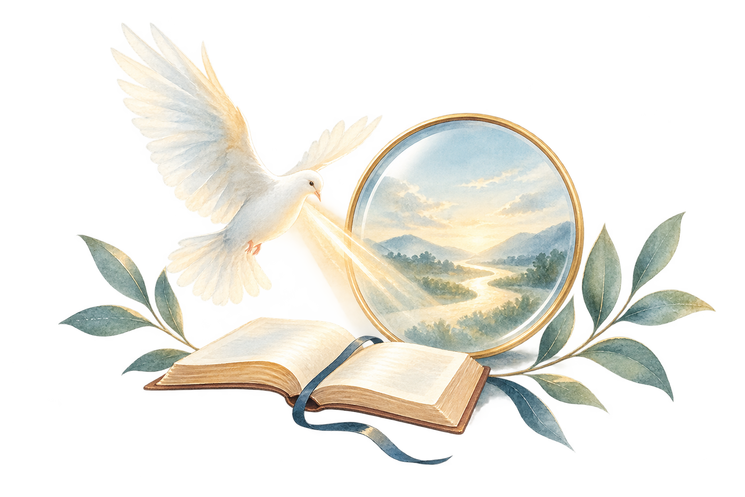 Watercolor illustration of a white dove, an open Bible, and a clear path through a peaceful landscape