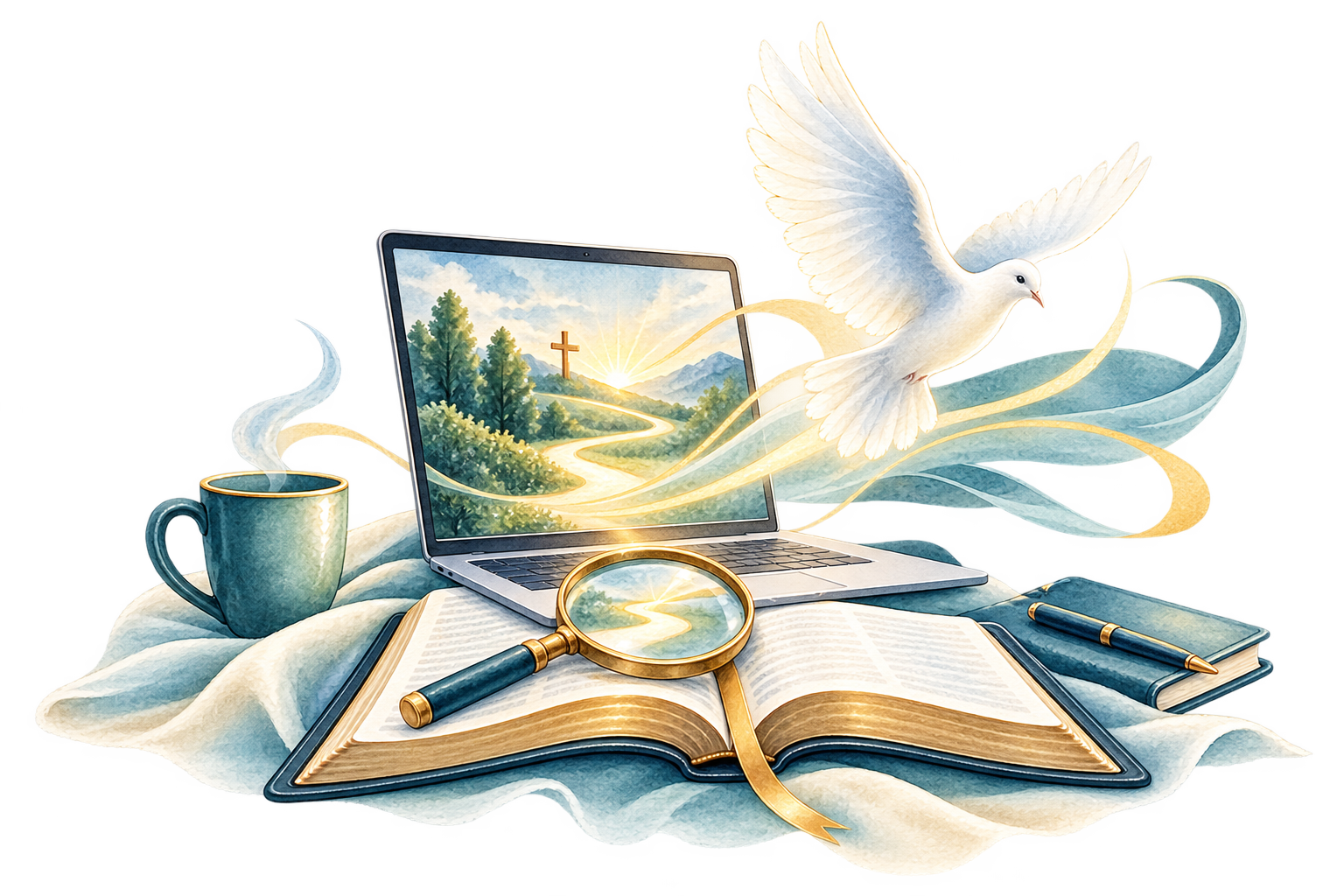 Watercolor illustration of an open Bible, a white dove, a clear path, and a calm workspace