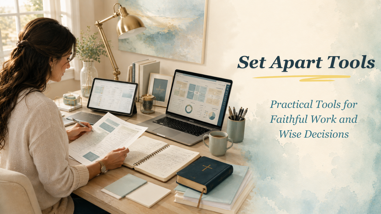 Christian woman using business systems, planning tools, worksheets, laptop, tablet, notebook, and Bible at a workspace